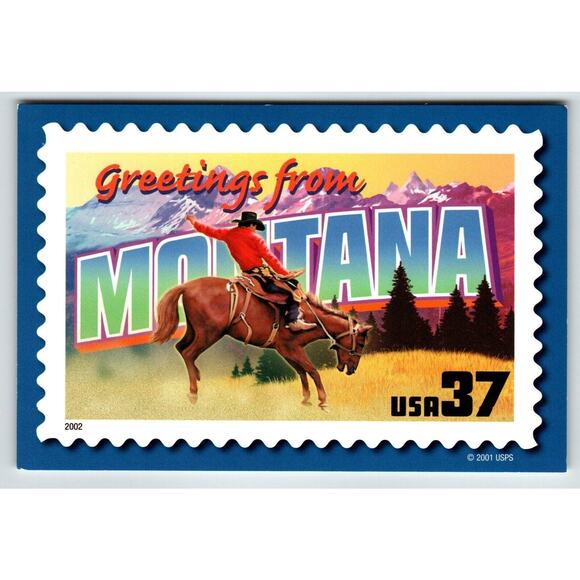 Greetings From Montana Large Letter Chrome Postcard USPS 2001 Cowboy Rides Horse - Picture 1 of 2